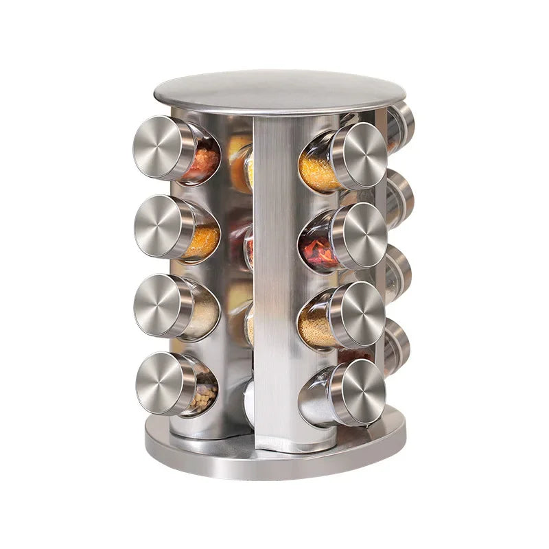 Rotating Stainless Steel & Glass Spice Jar Set