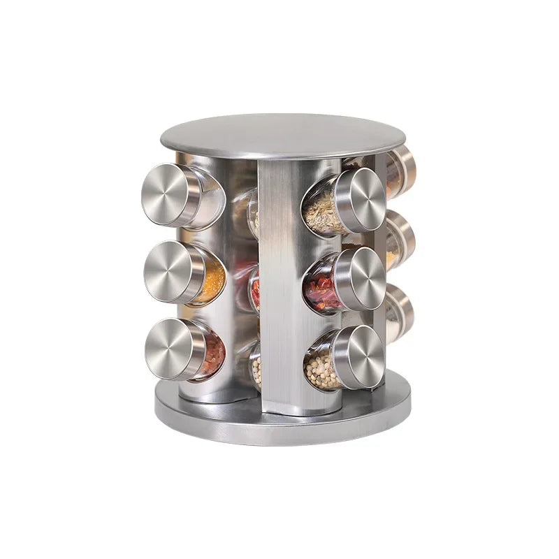 Rotating Stainless Steel & Glass Spice Jar Set